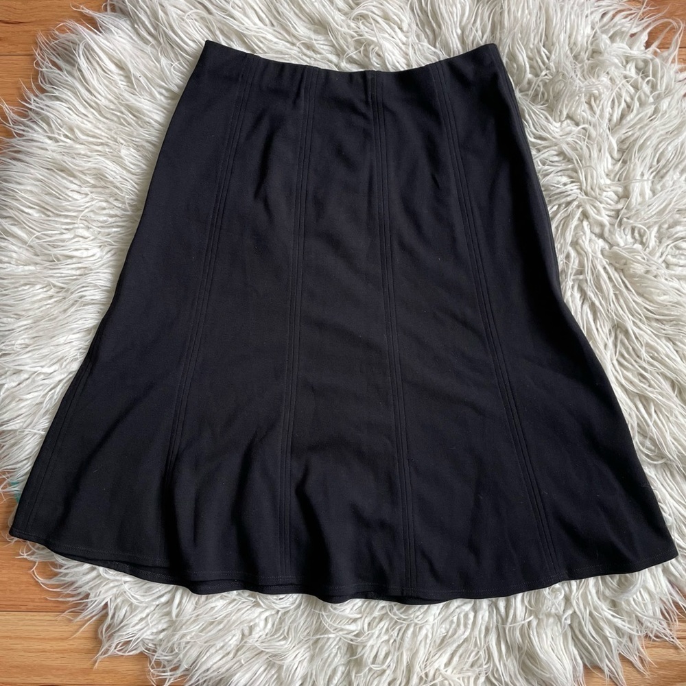 Eileen Fisher Black Stretch Viscose Seamed Ponte Flared Knee Length Skirt EUC XS